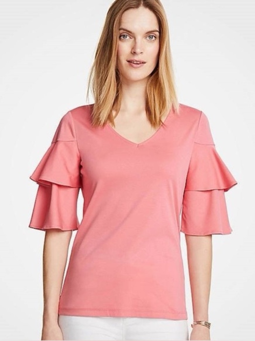 Ann Taylor Tiered Ruffle-Sleeve V-Neck Shirt